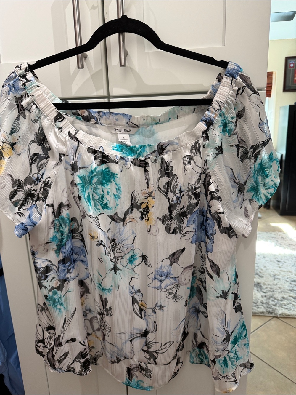 WHBM White and Floral Off-Shoulder Blouse with Teal Accents